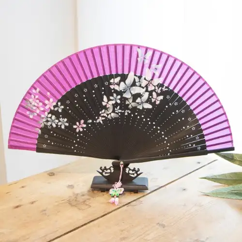高级丝绸花风传统折扇（深紫色）流苏+扇套套装 — 1