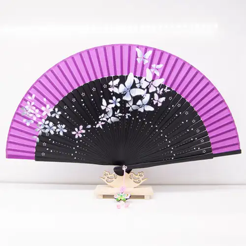 高级丝绸花风传统折扇（深紫色）流苏+扇套套装 — 2