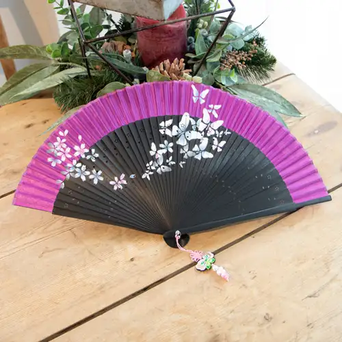 高级丝绸花风传统折扇（深紫色）流苏+扇套套装 — 3