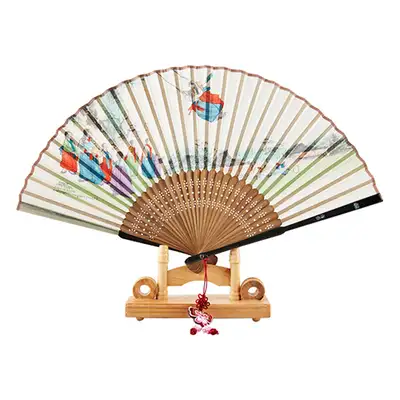 Traditional Folding Fan with Mother-of-Pearl (Swing Scene) - Includes Knot Tassel & Fan Case