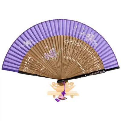 Premium Silk Mother-of-Pearl Cubic Decorated Fan - Rose (Beige Purple) with Traditional Knot and Fan Case