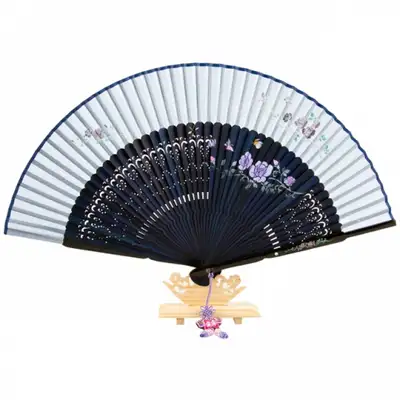 Premium Silk Mother-of-Pearl Cubic Decorated Fan - Rose (Navy Sky) with Knot Tassel and Fan Case