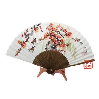 Bamboo Fan - Plum Blossom and Sparrow