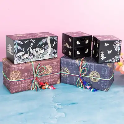 Nacre Lacquerware Secret Jewel Box with Crane and Pine Pattern Double Lidded Mother-of-Pearl Jewelry Box (Small)