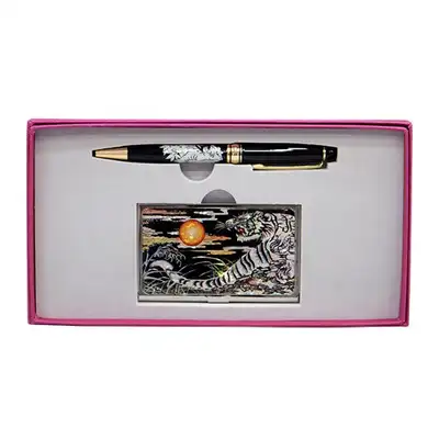 Premium Mother-of-Pearl Business Card Case + Ballpoint Pen (White Tiger)