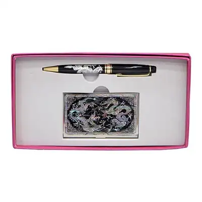 Premium Mother-of-Pearl Business Card Case + Ballpen (Twin Dragons Design)