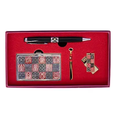 Premium Mother-of-Pearl Business Card Case + Ballpoint Pen + 16GB USB (Pattern Subok Red)