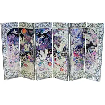 Premium Hanji Lacquer Mother-of-Pearl Screen with Cloud Border Ten Symbols of Longevity 6-Panel - Work by Jang Tae-bok