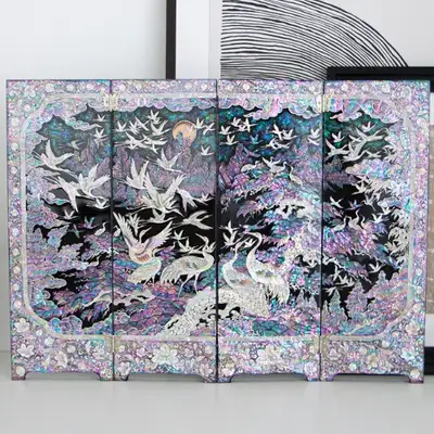 White Crane Pattern 4-Panel Double-Sided Mother-of-Pearl Lacquer Screen - by Park In-ho