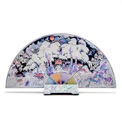 Premium Mother-of-Pearl Lacquer Fan-Shaped Ornament, Mother-of-Pearl Screen (Medium, Black) - Oh Myung-ho Artwork