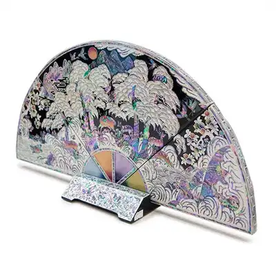 Premium Nacre Lacquerware Fan-Shaped Decorative Screen, Mother-of-Pearl Folding Screen (Large, Black) - Oh Myung-ho's Work