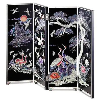 Deer and Crane 4-Panel Mother-of-Pearl Folding Screen