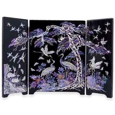High-Gloss Mother-of-Pearl Cranes and Pines 3-Panel Screen