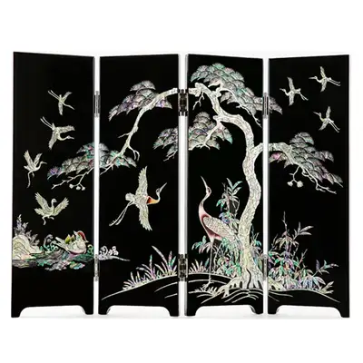 Glossy Pine and Crane 4-Panel Folding Screen