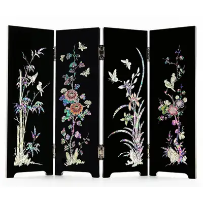 Glossy Four-Panel Plum, Orchid, Chrysanthemum, and Bamboo Screen