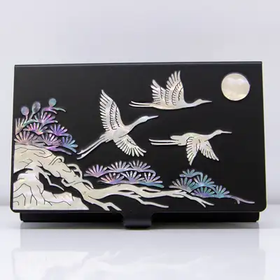 Premium Mother-of-Pearl Inlaid Business Card Case (Pine and Crane, Black)