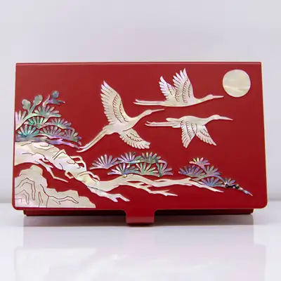 Premium Mother-of-Pearl Business Card Case with Fine Inlay (Pine and Crane Red)