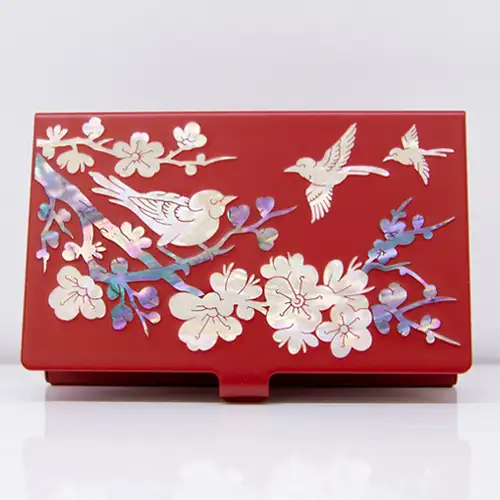 高级螺钿贝壳雕刻名片盒 (梅花 红色) — 1