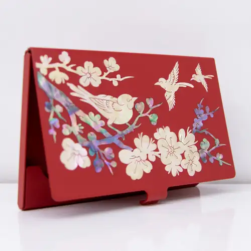 高级螺钿贝壳雕刻名片盒 (梅花 红色) — 2