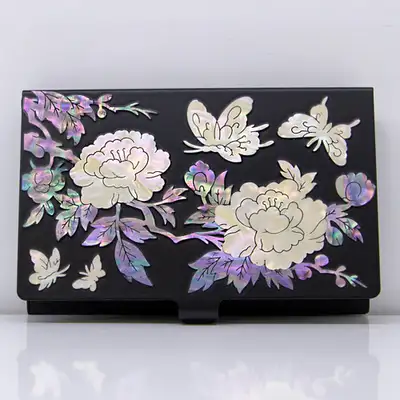 Premium Mother-of-Pearl Inlay Business Card Case (Peony Black)