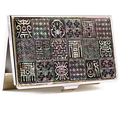 Premium Mother-of-Pearl Business Card Case (01_Longevity and Blessing Pattern - Black)