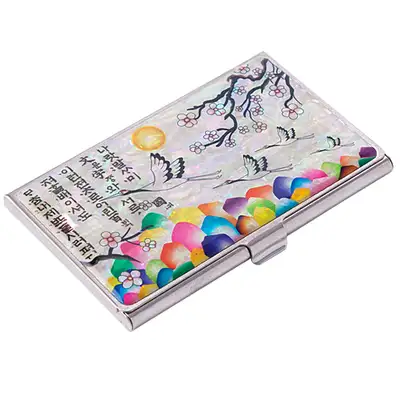 Natural Mother-of-Pearl Business Card Case (03_Plum Blossom and Crane - White)