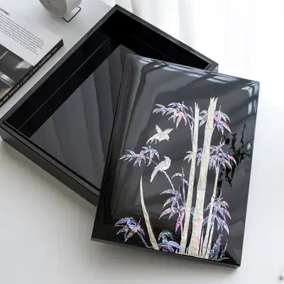 Mother-of-Pearl Lacquerware Document Box with Bamboo Pattern Glossy Black