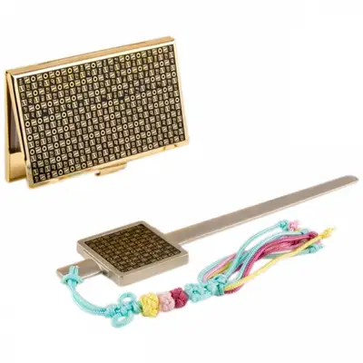 Hangul Hunminjeongeum Metal Business Card Case + Paper Knife 2-Piece Set (Gold)
