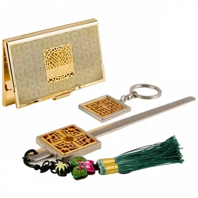 Wanja Pattern A Gold Metal Business Card Case + Keyring + Letter Opener 3-Piece Set