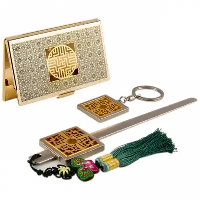 Wanja Pattern B Gold Metal Business Card Case + Keyring + Letter Opener 3-Piece Set