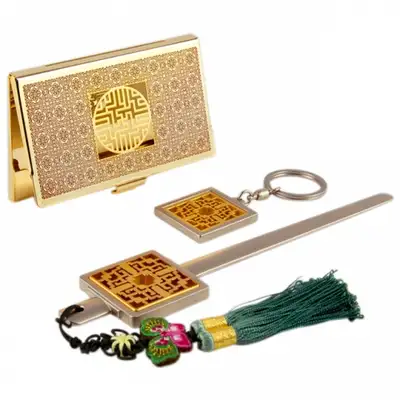 Wanzamun B Metal Business Card Case + Keyring + Letter Opener 3-Piece Set (Red Gold)