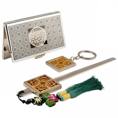 Wanja Pattern B Metal Business Card Case + Keyring + Letter Opener 3-Piece Set (Silver)