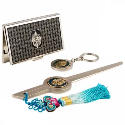 Royal Crown Metal Business Card Case + Keyring + Letter Opener 3-Piece Set (Silver)