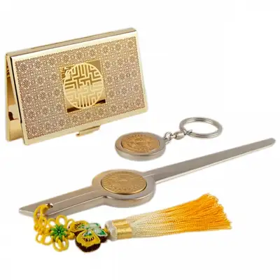 Traditional Pattern Metal Business Card Case + Lotus Pattern Keyring + Nail Knife 3-Piece Set (Red Gold)