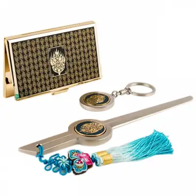 Royal Crown Design Gold Metal Business Card Case + Keyring + Letter Opener 3-Piece Set (Gold)