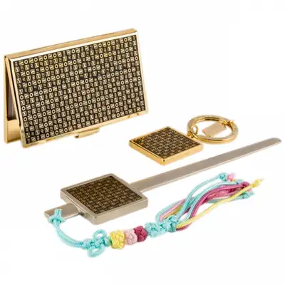 Hangul Hunminjeongeum Metal Business Card Case + Keychain + Letter Opener 3-Piece Set (Gold)