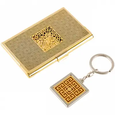 Completed Pattern Gold Metal Business Card Case + Keyring Set A (Gold)