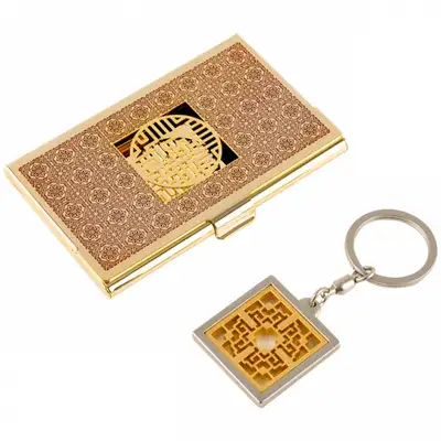 Wan-ja Pattern Metal Business Card Case + Keyring 2-Piece Set B (Rose Gold)