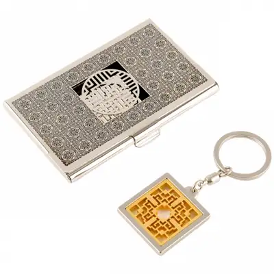 Wan-ja Pattern Metal Business Card Case + Keyring 2-Piece Set B (Black Silver)