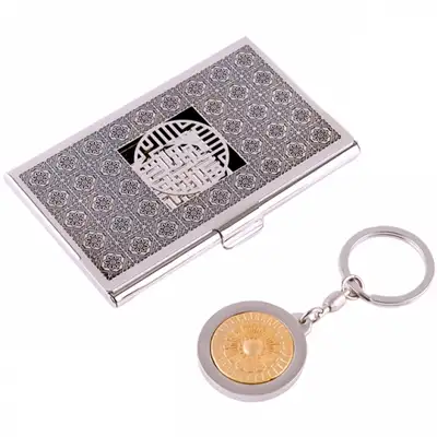 Swastika Pattern Metal Business Card Case + Lotus Pattern Keyring 2-Piece Set C (Black Silver)