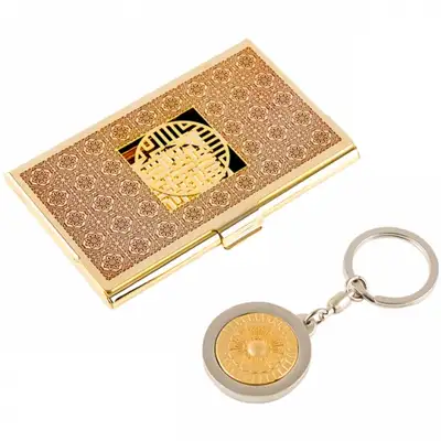 Swastika Pattern Metal Business Card Case + Lotus Pattern Keyring 2-Piece Set C (Red Gold)