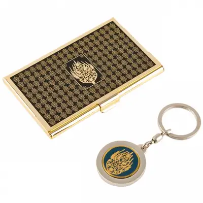 Royal Crown Design Metal Business Card Case + Keyring 2-Piece Set (Gold)