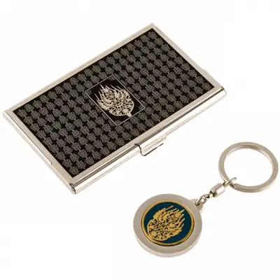 Royal Crown Pattern Metal Business Card Case + Keychain 2-Piece Set (Silver)