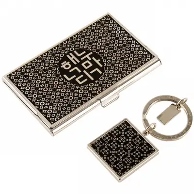 Hangul and Korea Metal Business Card Case + Keyring 2-Piece Set (Silver)