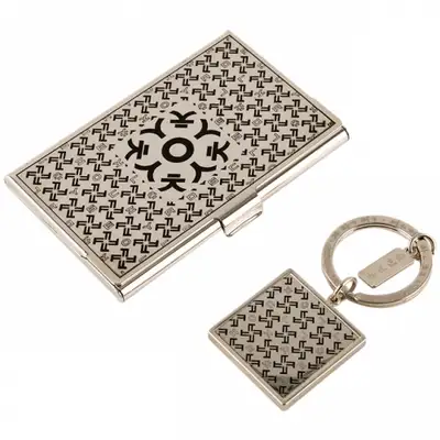 Hangul Consonant 'ㅋ' Metal Business Card Case + Keyring 2-Piece Set (Silver)