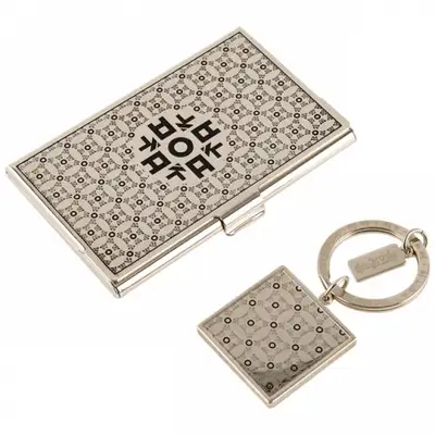 Hangul Consonant ㅇ Metal Business Card Case + Keyring 2-Piece Set (Silver)
