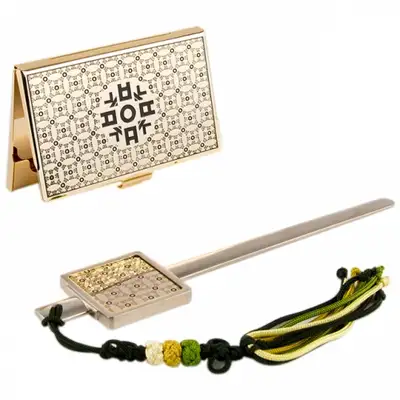 Hangul ㅇ Metal Business Card Case + Paper Knife 2-Piece Set (Gold)