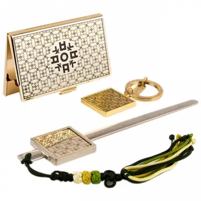 Hangul ㅇ Metal Business Card Case + Keyring + Nail File 3-Piece Set (Gold)