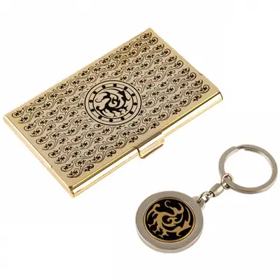 Three-Legged Crow Metal Business Card Case + Keyring 2-Piece Set (Black Gold)