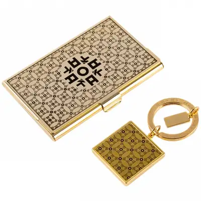 Hangul Consonant ㅇ Metal Business Card Case + Keyring 2-Piece Set (Gold)